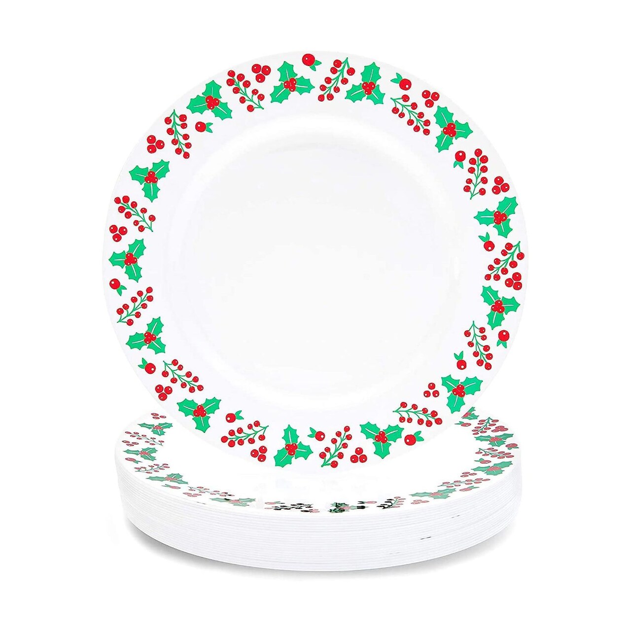 Juvale 24 Pack Reusable Plastic Christmas Plates, 9 Inches Mistletoe and Holly Berry Design for Holiday Party Supplies, Christmas Dinnerware for Christmas Parties and Family Gatherings